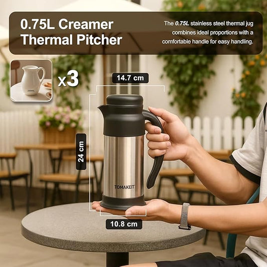 Creamer Pitcher for Coffee,0.75L/25 Oz Thermal Coffee Carafe,Stainless Steel Coffee Carafes for Keeping Hot and Cold,Double-Wall Design,12-Hour Hot & Cold,Leak-Proof,Portable for Travel,Camping,Office