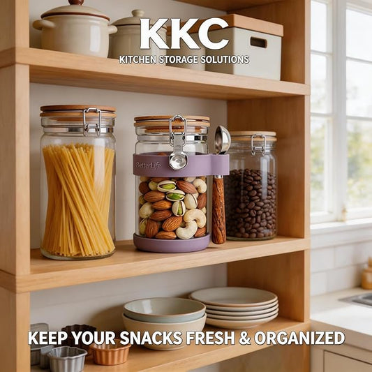 KKC HOME ACCENTS Airtight Borosilicate Glass Nuts Storage Jar with Clamp Lid & Scoop,Sealed Glass Container for Nuts and Seeds,Walnuts,Cocoa,Peanut,Pecan,Kitchen & Pantry Organization - 40 Fl.Oz