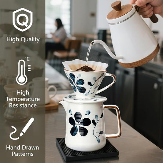 Ceramic Pour Over Coffee Maker Set, Ceramic Coffee Dripper with Single Hole, Coffee Pot & 100 Paper Filters for Home, Travel, Camping (1-2 Cup)