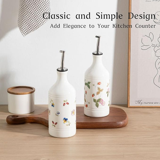 Sweejar Ceramic Olive Oil Dispenser Bottle for Kitchen, 15.5 Oz Relief Opaque Oil and Vinegar Dispenser Bottle with Spout, Suitable for Soy Sauce, Coffee Syrup, Liquids (Garden)