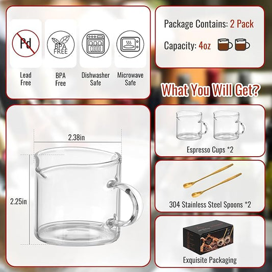 2 Pack Espresso Cups 4 OZ, Double Spouts Cups with Handle and 2 Stainless Steel Spoons, Espresso Shot Glasses, Milk Cup, Clear Glass for Espresso Machine