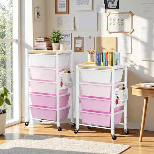 Rolling Cart with 4 Drawers, Plastic Drawer Storage Carts with Wheels & Wooden Tabletop, Metal Utility Cart with Pegboards, Office Living Room Classroom Craft Organization and Storage, Bright Pink