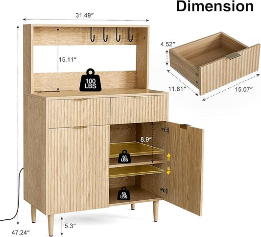 Coffee Bar Cabinet with Storage, Modern Sideboard with Drawers, Shelves, Outlet and Fluted-Door for Kitchen, Dinning Room, Living Room, Natural
