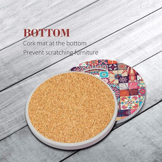 Britimes Coaster for Drinks Set of 6, Vintage Ottoman Flower Mexican Mandala Table Absorbent Round Ceramic Stone Mat, with Cork Base and Metal Holder, Gift for Housewarming Room Bar Decor