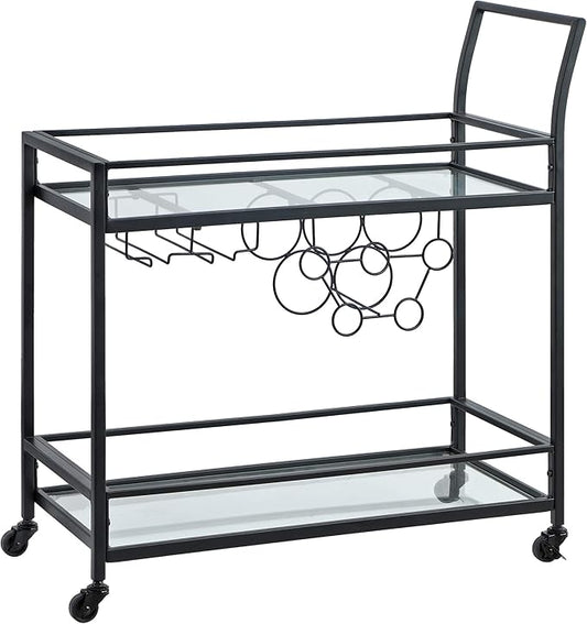 FirsTime & Co. Black Francesca Bar Cart, 2 Tier Mobile Mini Bar, Kitchen Serving Cart and Coffee Station with Storage for Wine and Glasses, Metal and Glass, Modern