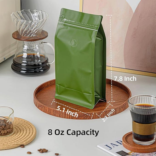 50 Pcs 0.5lb Green Long Coffee Bean Bags with Valve, Easy Tear Open & Repeating Sealed Zipper, Heat-Seal Stand Up & Flat Bottom Coffee Bag, 8oz Capacity 5.1x7.8 Inch