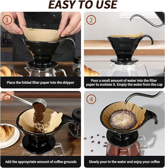 Mongdio Pour Over, Ceramic Coffee Pour Over, Reusable Porcelain Portable Pour Over Coffee Maker with 40pcs Paper Filter, For Home,Black
