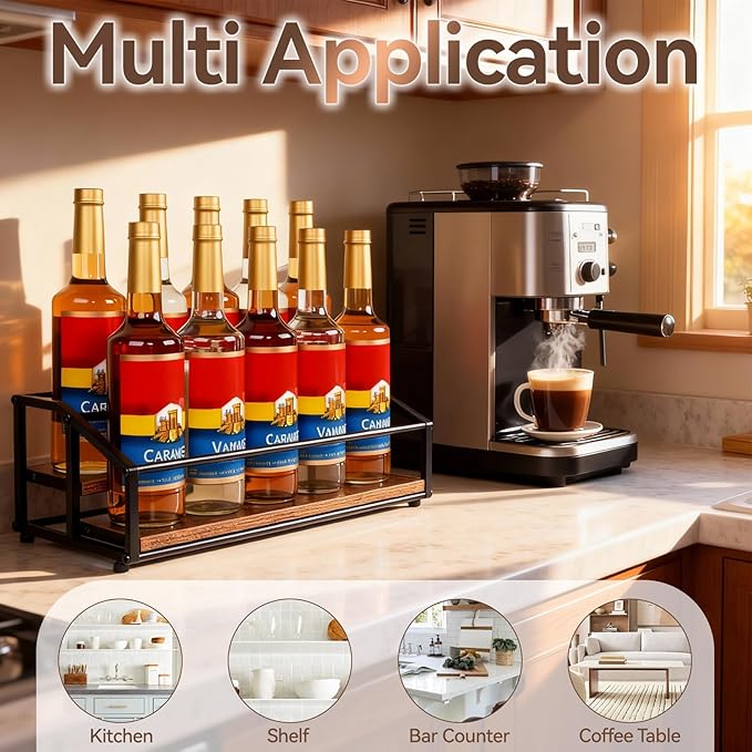 kimilus Coffee Syrup Organizer Rack, Liquor Bottle Display Shelf, 2 Tier 10 Syrup Bottles Holder Stand for Coffee Bar Kitchen Small Wine Rack for Family Storage for Syrup Wine Dressing