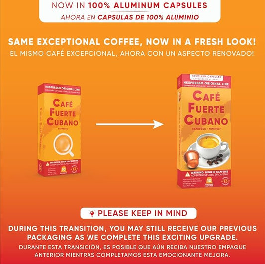 Café Fuerte Cubano, Aluminum Espresso Capsules, Compatible with Nespresso Original Machines, Dark Roast, Intensity 13, High Caffeine, Recyclable Coffee Pods, Roasted and Packaged in USA (40 Count)