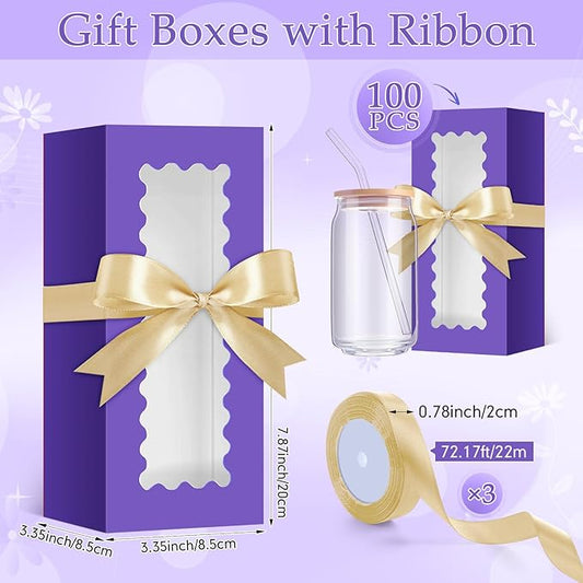 Windyun 100 Pcs Tumbler Gift Boxes for Sublimation Glass Exhibition Boxes Transparent for 12oz 16oz 20oz Shipping Cup Exhibition Packaging for Jars Mug Can Party Supplies(Purple)