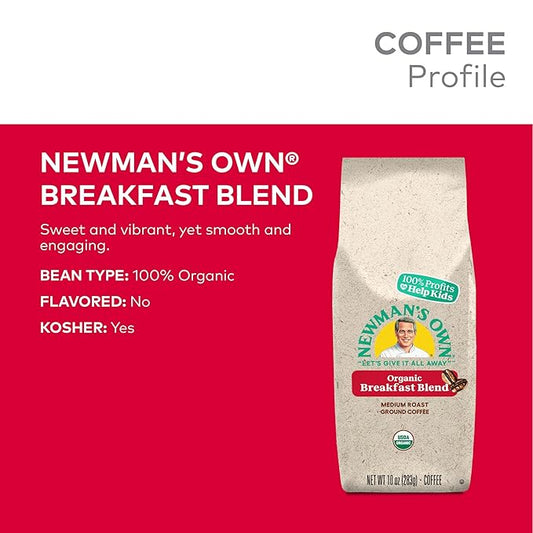 Newman's Own Organics Breakfast Blend, Ground Coffee, Fair Trade Certified, Medium Roast, Bagged 10oz