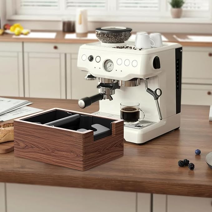 Espresso Knock Box, Coffee Knock Box with Durable Knock Bar and Non-Slip Base, Knock Box for Machine Accessories (Wooden Base)