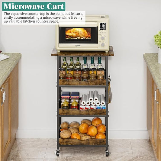 Giwil 4-Tier Rolling Kitchen Cart, Microwave Stand with Wooden Top Coffee Station Table Snack Rack Organizer, Utility Cart on Wheels for Onions Potatoes, Black