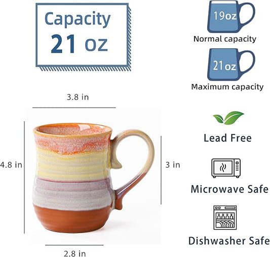 21 oz Large Ceramic Coffee Mugs, Handmade Cup with Large Handle, Big Tea and Coffee Cups for Office and Home, Microwave and Dishwasher Safe (Orange)
