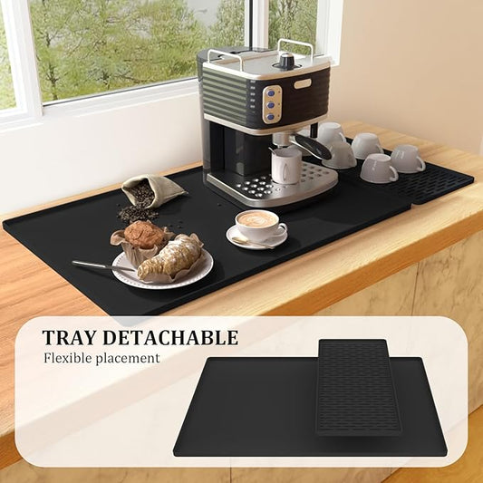 Silicone Coffee Mat - 24" x 16" Removable Bar Mat, Waterproof Leak-Proof Dish Drying Pad, Fits Under Coffee Makers and Espresso Machines to Keep Surfaces Clean, Black
