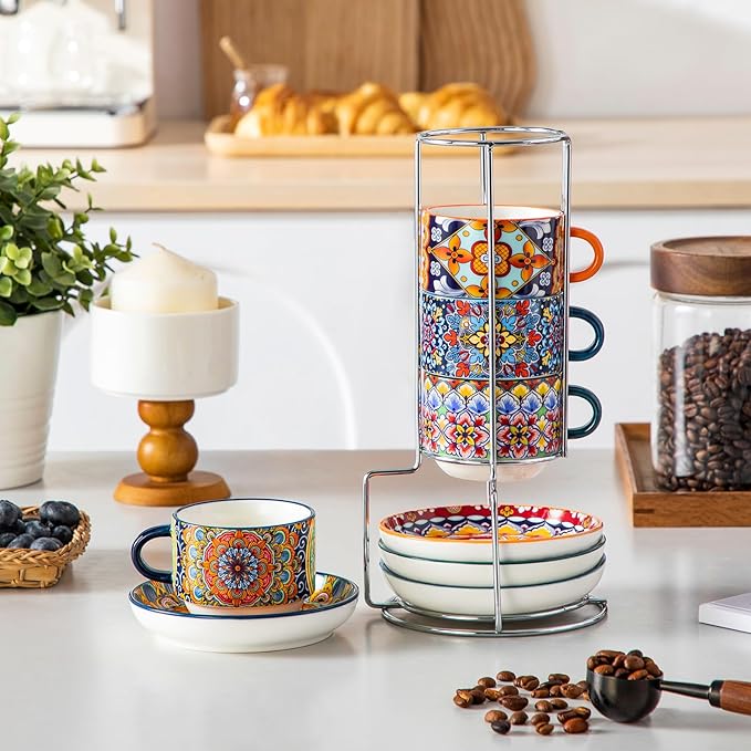 vancasso 4 Oz Stackable Espresso Cups with Saucers and Metal Stand Set of 4,Bohemian Ceramic Cappuccino Cups - Microwave and Dishwasher Safe, Perfect For Tea, Espresso, Latte, Cafe-02