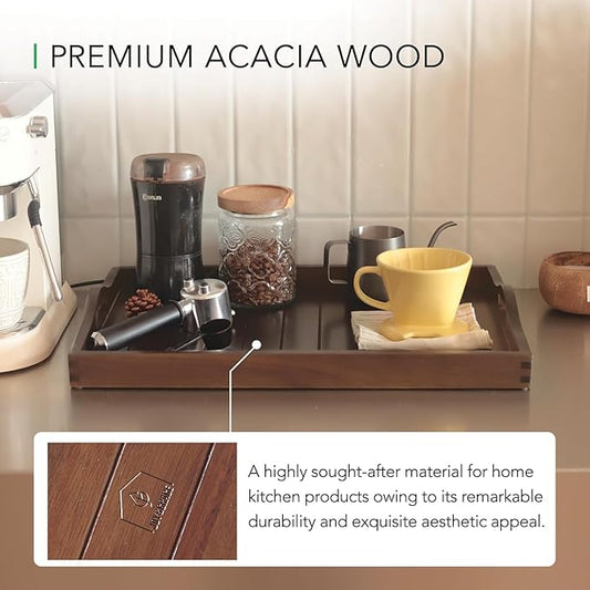 Large Acacia Wooden Serving Tray with Handles 20 x 14 inch Decorative Coffee Table Ottoman Tray for Living Room Extra Large for Kitchen Dinner Food Bar Breakfast in Bed (Dark Brown)