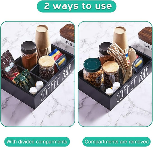 ALELION Coffee Station Organizer - Wood Countertop Accessories Organizer with Removable Dividers for Pods Condiment Syrup Tea Cups Stirrers - for Farmhouse Coffee Bar Decor