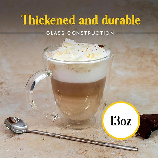 AYL Double Wall Glass Coffee Mugs - 13 oz Insulated Clear Latte Mugs Set of 2, Perfect for Espresso, Cappuccino, Latte, Tea - Elegant Glass Coffee Cups