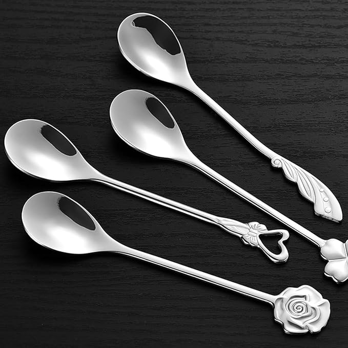 Stainless Steel Coffee Dessert Spoon, Cute Demitasse Spoon for Stirring, Creative Flower Sugar Spoon, 4 Pieces