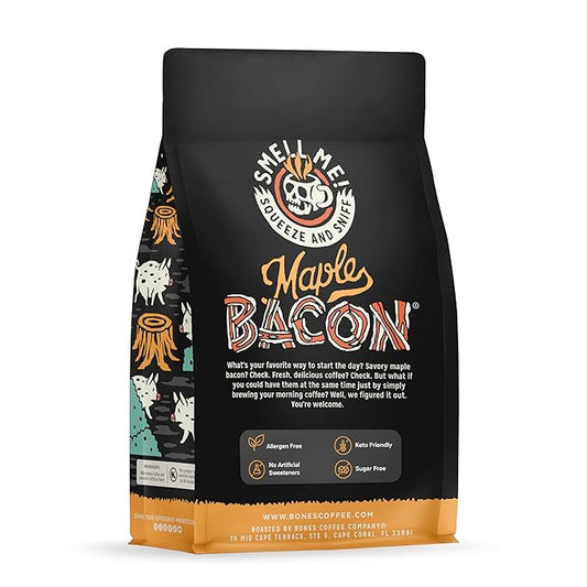 Bones Coffee Company Maple Bacon, Bacon and Maple Syrup Flavored Coffee, Medium Roast Low Acid Arabica Beans Compatible with Auto drip and French Press Coffee Maker, 12 Oz Ground