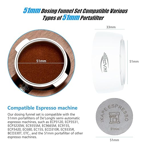 IKAPE Magnetic Dosing Funnel Set, 51MM Espresso Dosing Ring & Puck Screen Kit Compatible with Delonghi 51MM Bottomless Portafilter - with 8 Small Magnet (White)