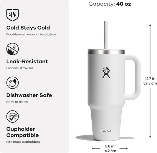 Hydro Flask Travel Tumbler with Handle, Lid and Straw - Insulated Stainless Steel in 40 Oz Stainless Steel Lime