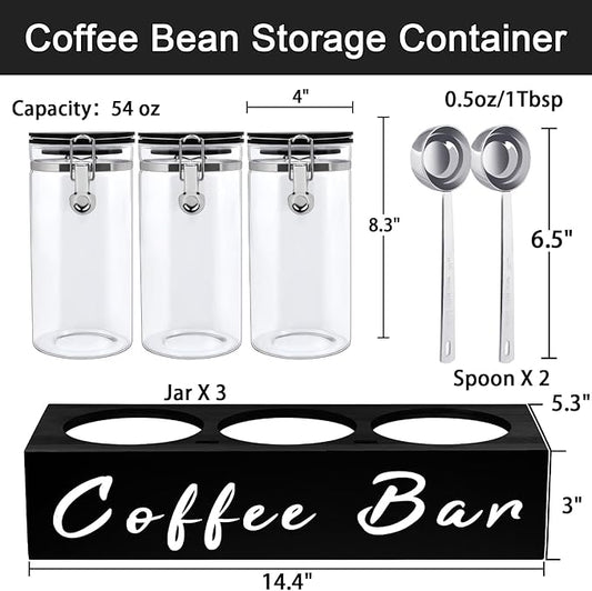 3 x 54 oz Glass Coffee Bean Storage Container with Shelf 3PCS Glass Containers with Airtight Locking Clamp Lid Spoons Coffee Canister Set Jars for Kitchen Food Storage Tea Sugar Black