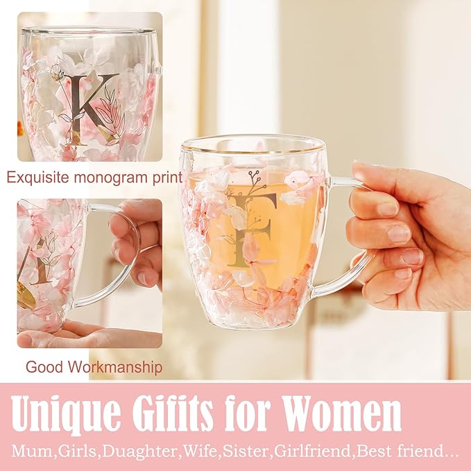 Personalized Gift for Women Flower Glass Coffee Mug Initial Tea cup Monogrammed Customized Bridesmaid Bride Wedding Gifts Graduation Gifts Valentine Mother's Day Birthday Christmas Gift (F)