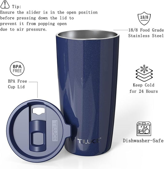 TILUCK 20 oz Tumbler with Lid, Vacuum Insulated Stainless Steel Coffee Mug, Double-Walled Travel Tumbler for Hot and Cold Drinks(GlitterNavy, 20oz)