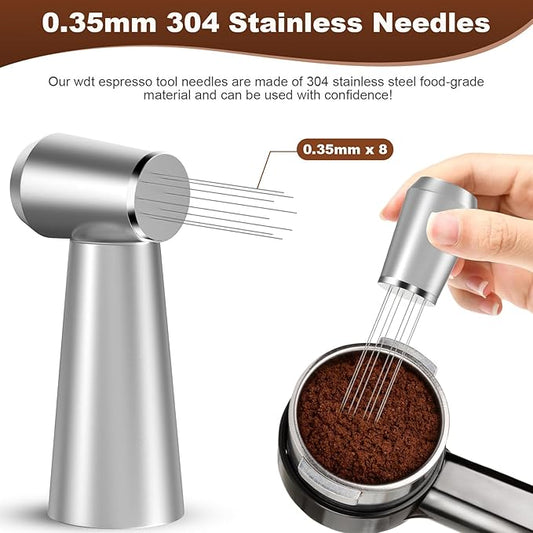 Jeymei WDT Espresso Distribution Tool, 0.35mm 8 Needle Coffee Stirrer with 8 Extra Needles, 304 Stainless Steel, Aluminum Alloy Handle with Stand, Barista Espresso Whisk Tool (Metal Silver)