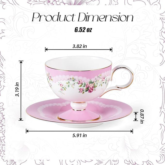 KAMMAK Ceramic Coffee Cups Saucers Set of 2, Porcelain Espresso Cups with Saucers, 6.52 oz Handmade Elegant Bone China Tea Cup, Ceramic Floral Pattern Demitasse for Latte, Americano, Cappuccino