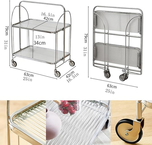 Folding End Table Side Table Glass Movable Coffee Station Table, Metal Coffee Bar Stand Cart with Storage Coffee Table on Wheels,for Home Kitchen, Entryway, Living Room,Dining Room(Gold)