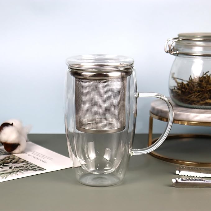 Double Wall Glass Tea Mug with Infuser and Lid, 14 oz / 400 ml Borosilicate Glass Tea Cup with 304 Stainless Steel Fine Mesh Infuser, Durable Insulated Tea Cup, Gift for Tea Lovers
