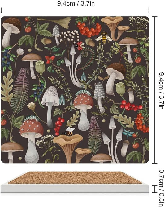 Square-6PCS Botanical Ceramic Coasters, Square Absorbent Drink Coasters, Vintage Cartoon Abstract Botanical Mushroom Plants Pattern Ceramic Table Coasters for Coffee, Beverage, Wine, Beer Coasters