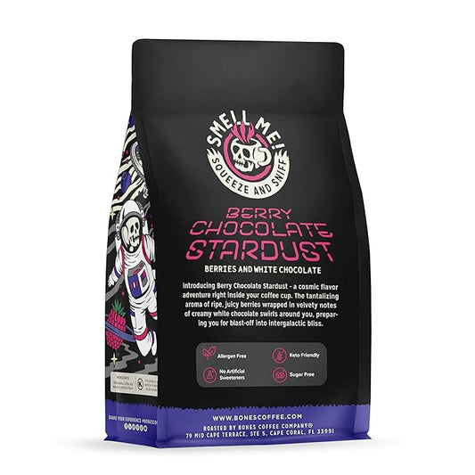 Bones Coffee Company Berry Chocolate Stardust, Berries and White Chocolate Flavored Coffee, Medium Roast Low Acid Arabica Beans For Auto drip and French Press Coffee Maker, 12 Oz Ground