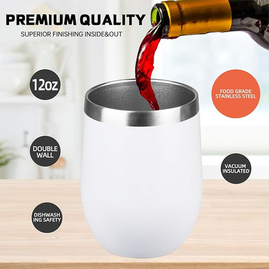StarSpeed 12oz/8 Pack Wine Tumbler with lid, Stainless Steel Travel Mugs Stemless Double Wall Insulated Coffee Cup, Insulated Wine Glasses Travel Tumbler for Cold & Hot Drinks(White, 8)
