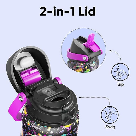 Insulated Water Bottle with Straw - Encool Stainless Steel Water Bottle with Push Button Lid, Leak-Proof & BPA-Free, Keeps Cold for 24 Hours for Sports, Travel, Gym (32 oz, Meowgic Night)