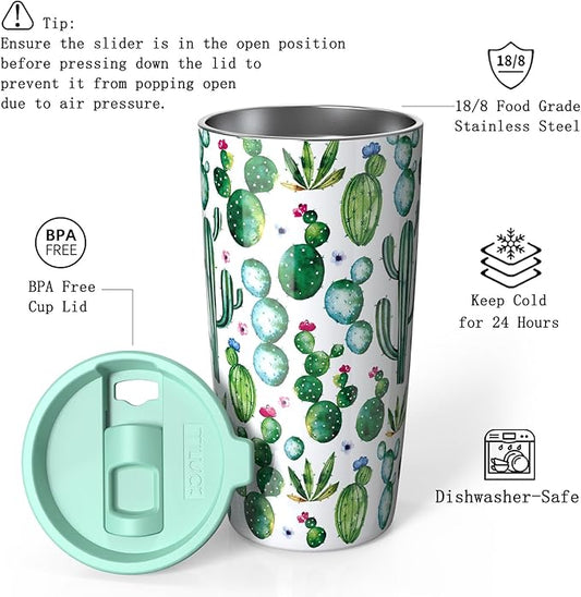 TILUCK 20 oz Tumbler with Lid, Vacuum Insulated Stainless Steel Coffee Mug, Double-Walled Travel Tumbler for Hot and Cold Drinks(Cactus, 20oz)