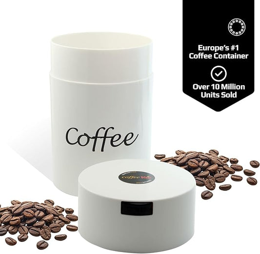 Coffeevac 1LB – Patented Airtight Container | Multi-use Vacuum Container Works as Smell Proof Containers for Ground Coffee and Coffee Bean Containers. White with Logo