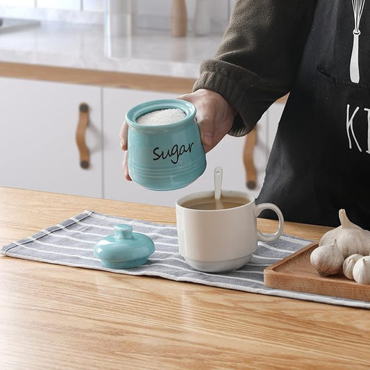ONTUBE Ceramic Sugar Bowl with Lid and Spoon 12oz (Turquoise Blue)