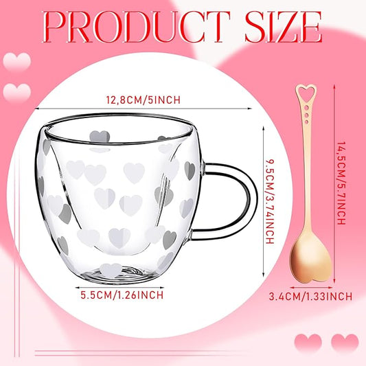4 Pcs 24oz Valentine's Day Heart Shaped Mug Gift Heart Double Wall Insulated Glass Coffee Mug Cup with Handle Spoon Clear Tea Cups for Wedding Woman Birthday Girlfriend Gift