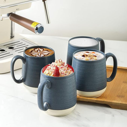 HASENSE Ceramic Large Coffee Mugs Set of 4-15 Ounce Porcelain Coffee Cups Set with Handle Perfect for Tea, Cocoa, Latte, Milk and Cappuccino, Modern Tea Cups Set for Man and Woman, Dark Blue