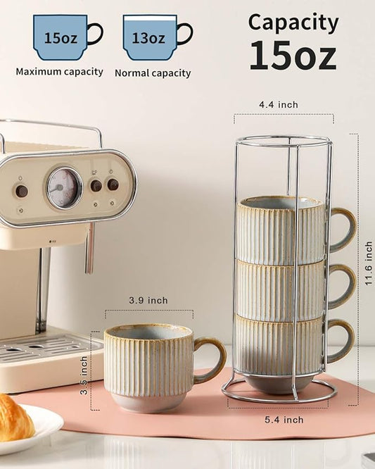 HASENSE Coffee Mug Ceramic Set of 4 with Stand - 15 oz Stackable Large Porcelain Ribbed Latte Cup Set for Cappuccino, Tea, Hot Cocoa, Drinks - Dishwasher & Microwave Safe, Lavender Gray