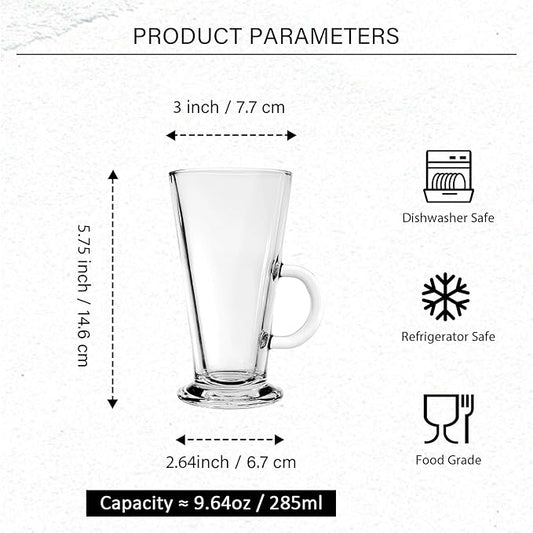 Irish Coffee Mugs Set of 6 - Tall Latte Cups 9 Ounces - Glass Coffee Cups with Handle for Cappuccino, Hot Chocolate, Smoothie, Cold Beverages