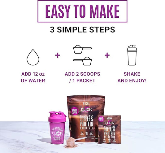Click Coffee Protein, Protein & Real Coffee All-in-One, Meal Replacement Nutrition Drink, Mocha Flavor, 23 Essential Vitamins, Double Shot Espresso Coffee, Hot or Cold, 15.8-Ounce