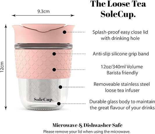 Travel Mug Loose Tea Infuser - Detachable Tea Strainer with Spillproof Lid - BPA-Free Reusable Glass Travel Coffee Cup with Silicone Band (Pink, 12oz)