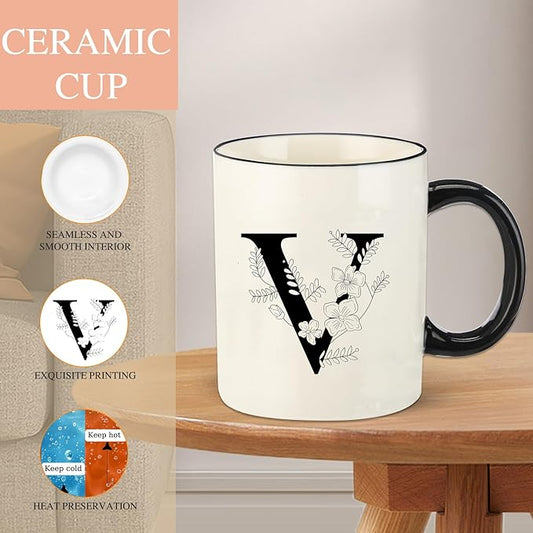 Monogram Ceramic Coffee Mugs, 11 oz Initial Drinking Cup with Gift Box, Unique Birthday Valentines Day Gifts for Women Wife Mothers Day Grandma Mom Aunt, V