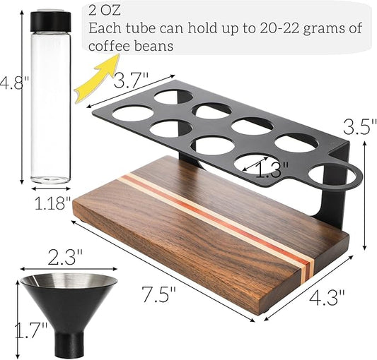 AVLA 8 Pack 2 OZ Coffee Bean Cellar Tubes, Single Dose Coffee Beans Storage with One-Way Exhaust Valve, Glass Espresso Beans Container, Dosing Vials with Wooden Stand Hopper for Coffee Lover, 20-22g