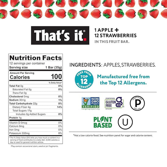 That's it. Apple + Strawberry 100% Natural Real Fruit Bar, Best High Fiber Vegan, Gluten Free Healthy Snack, Paleo for Children & Adults, Non GMO No Sugar Added, No Preservatives Energy Food (12 Pack)
